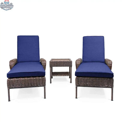 Krikacy Cambridge brown wicker outdoor chaise lounge set with indigo cushions, end table, perfect for relaxing outdoors
