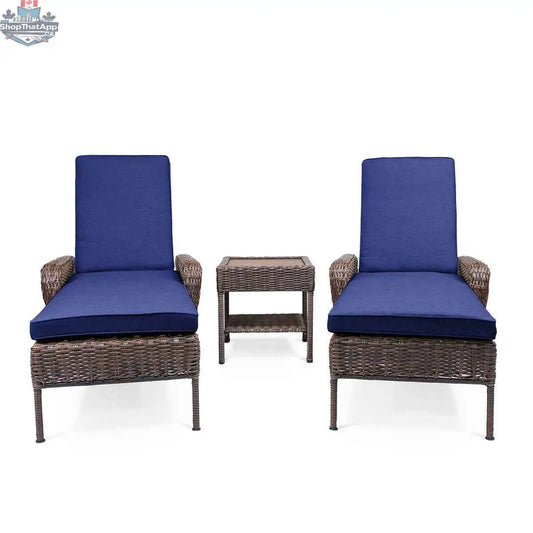 Krikacy Cambridge brown wicker outdoor chaise lounge set with indigo cushions, end table, perfect for relaxing outdoors