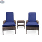Krikacy Cambridge brown wicker outdoor chaise lounge set with indigo cushions, end table, perfect for relaxing outdoors