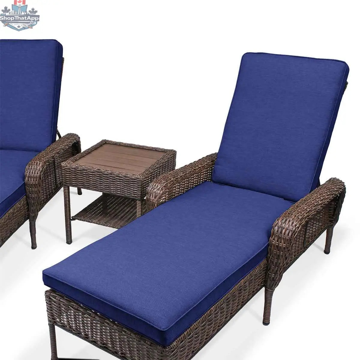 Krikacy Cambridge brown wicker outdoor chaise lounge set with indigo cushions, end table, perfect for outdoor relaxation.