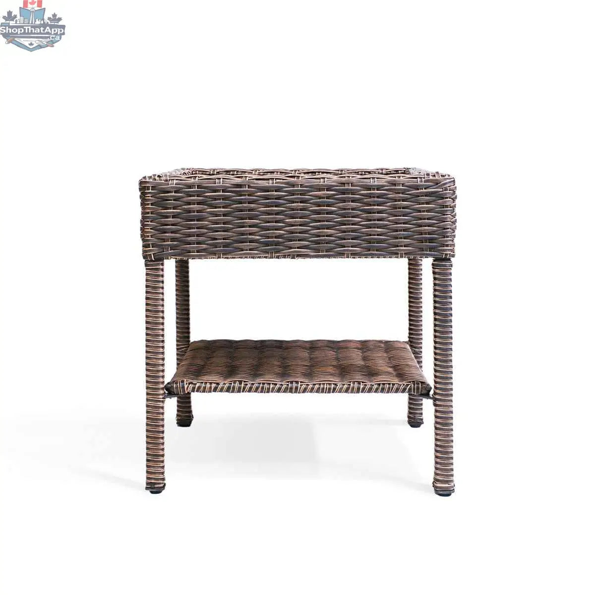 Krikacy Cambridge brown wicker outdoor chaise lounge set with matching end table, perfect for relaxing outside.
