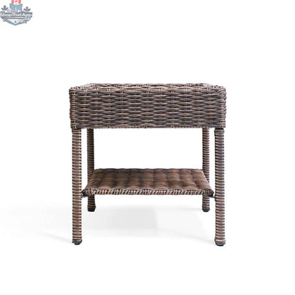 Krikacy Cambridge brown wicker outdoor chaise lounge set with matching end table, perfect for relaxing outside.