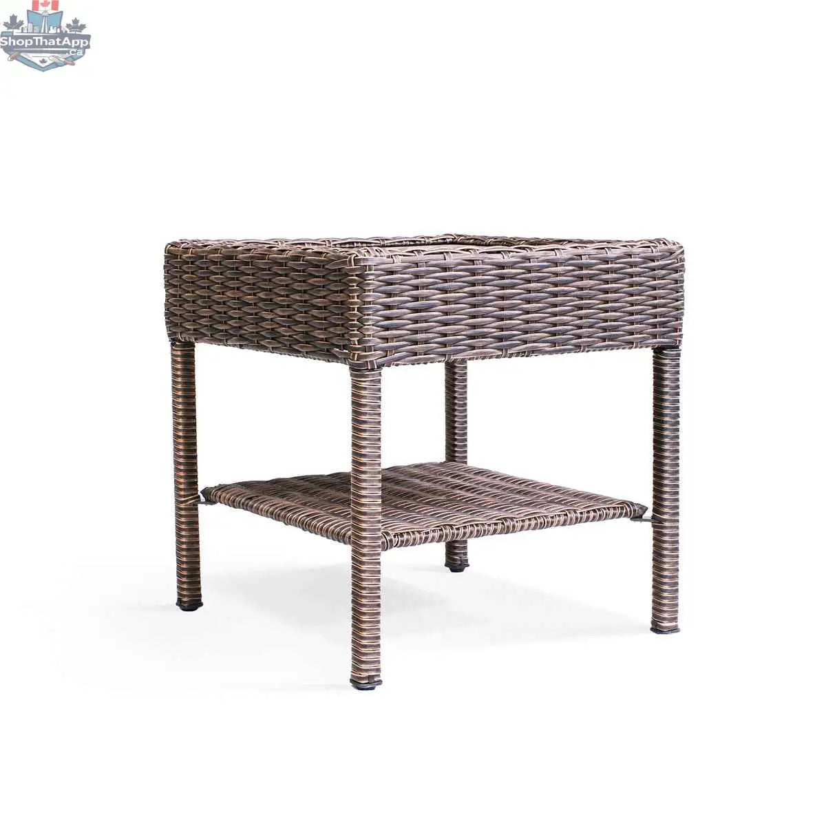 Krkacy Cambridge brown wicker outdoor end table shown with chaise lounge set for relaxing outdoor furniture.