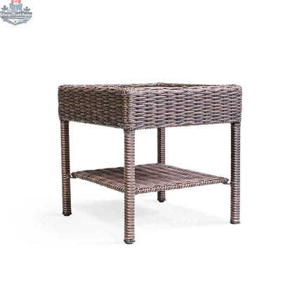 Krkacy Cambridge brown wicker outdoor end table shown with chaise lounge set for relaxing outdoor furniture.
