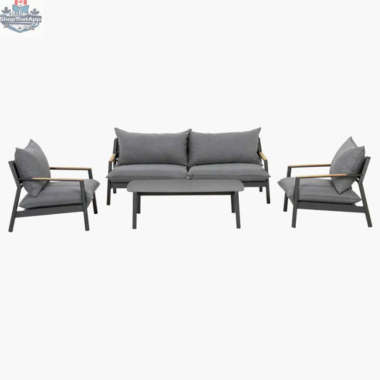 Krikacy Monti aluminum outdoor conversational set with four weather-resistant chairs and a matching table on patio.