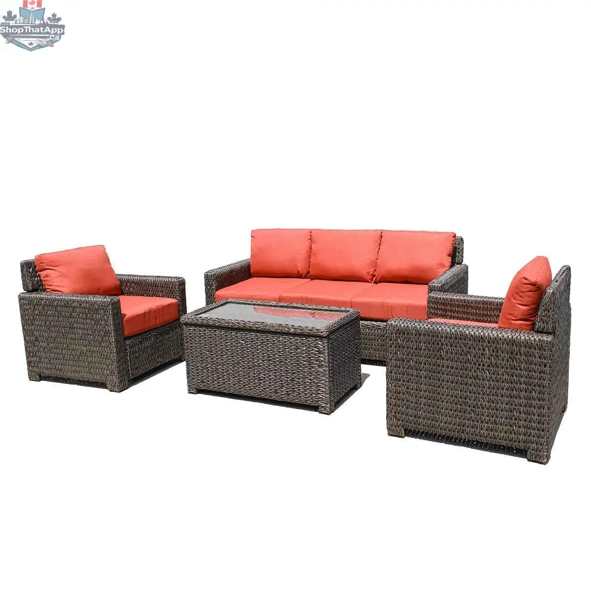 Krkacy Laguna Point outdoor wicker conversational set with four pieces, brown wicker frame, orange cushions, and outdoor patio furniture.
