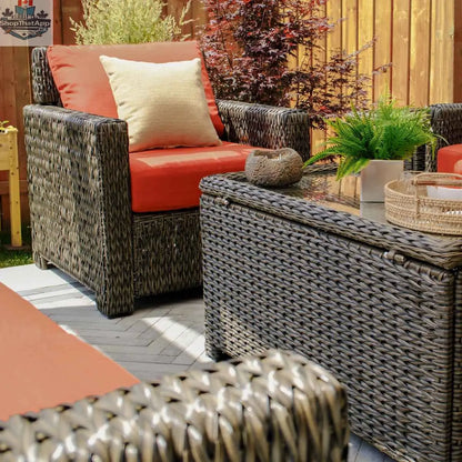 Krkacy Laguna Point outdoor wicker conversational set with four chairs and a table, ideal for patio relaxing and outdoor gatherings.