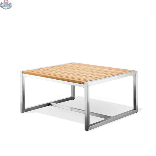 Acacia outdoor end table with stainless steel frame and teak top, featuring durable, weather-resistant design for patio or garden.