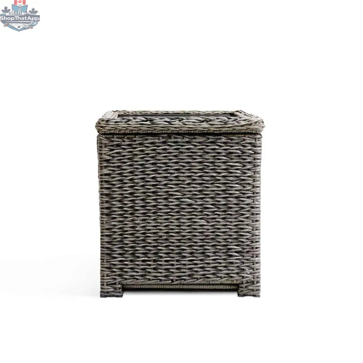 Krikacy Laguna Point brown wicker outdoor storage chest end table with a lid and sturdy woven design.