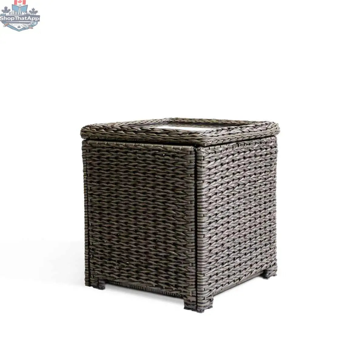 Krikacy Laguna Point brown wicker outdoor storage chest and end table with a sturdy design and woven wicker finish.