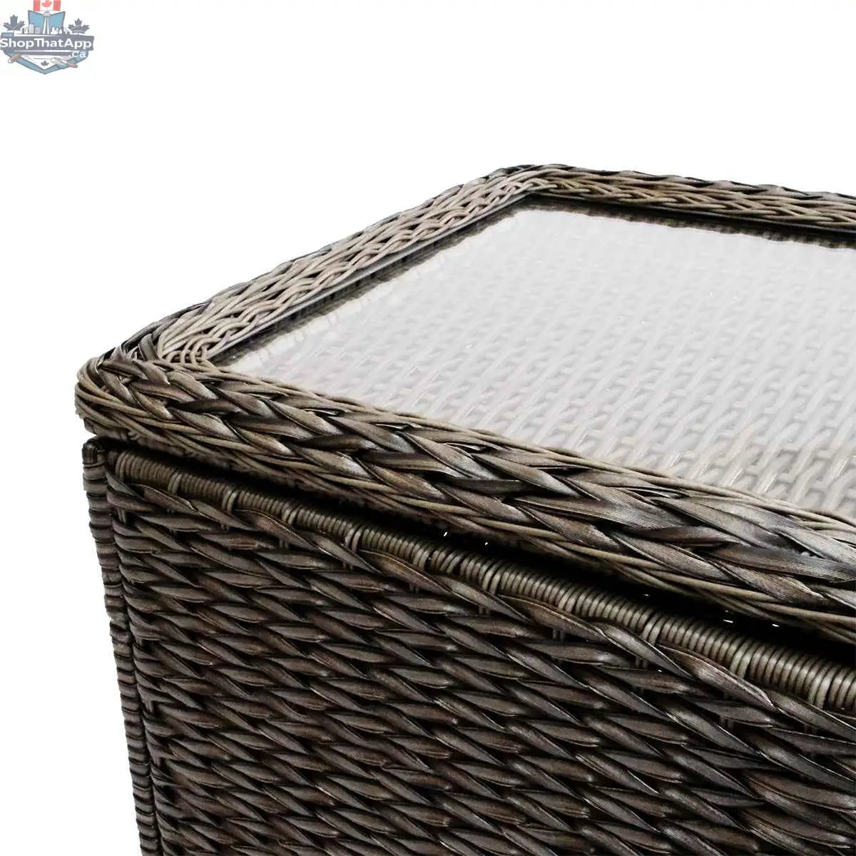 Krikacy Laguna Point brown wicker outdoor storage chest and end table with a lid and sturdy design, suitable for patio or garden use.