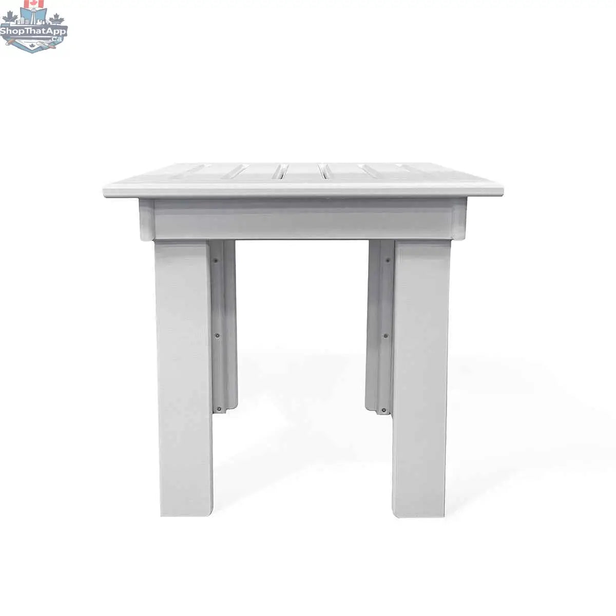 White Hickory outdoor end table by Krikacy with marine-grade polymer slatted top, ideal for patio or outdoor use.