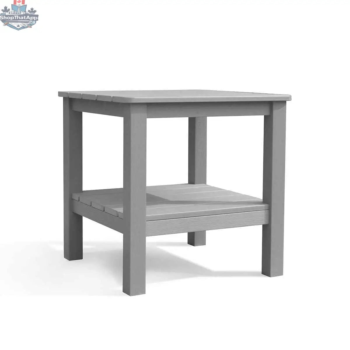 Krikacy polymer outdoor end table with wood grain finish, featuring a shelf for extra storage in a sleek grey design.