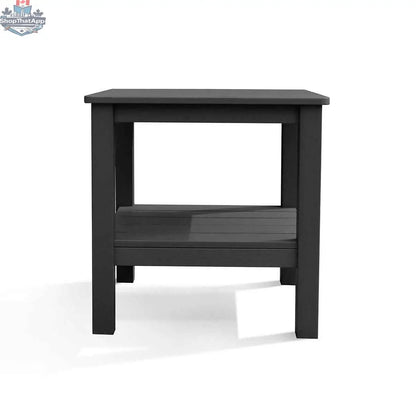 Krikacy polymer outdoor end table with wood grain finish and shelf, black color, suitable for patio or garden use.