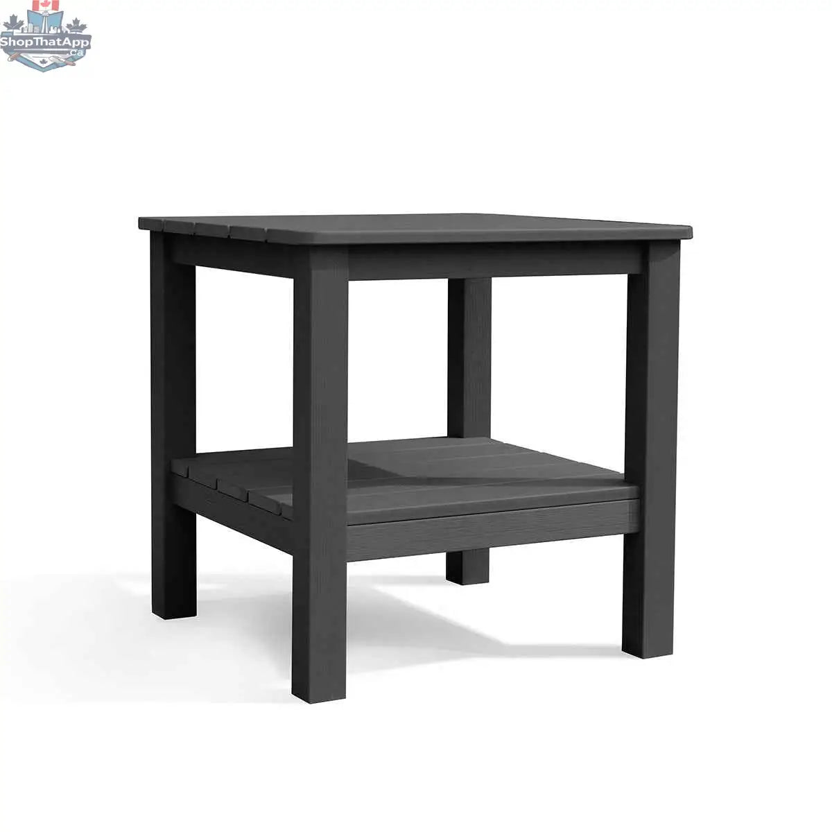 Black polymer outdoor end table with wood grain finish and shelf, ideal for patio or garden seating areas.