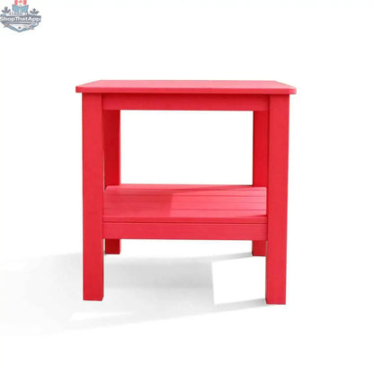 Red polymer outdoor end table with wood grain finish and shelf, perfect for patio or garden seating areas.