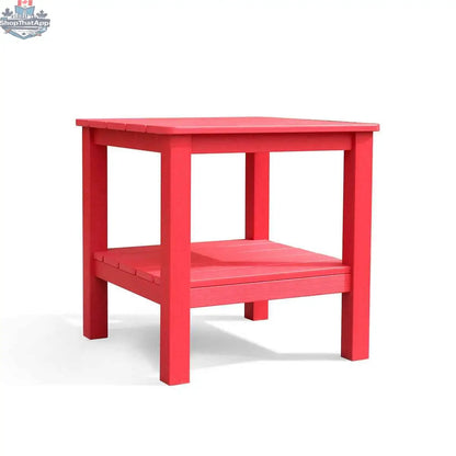 Red polymer outdoor end table with wood grain finish and shelf, perfect for patio or garden seating areas.