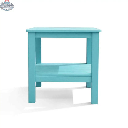 Krikacy polymer outdoor end table with wood grain finish and shelf, teal color, suitable for patio or garden spaces