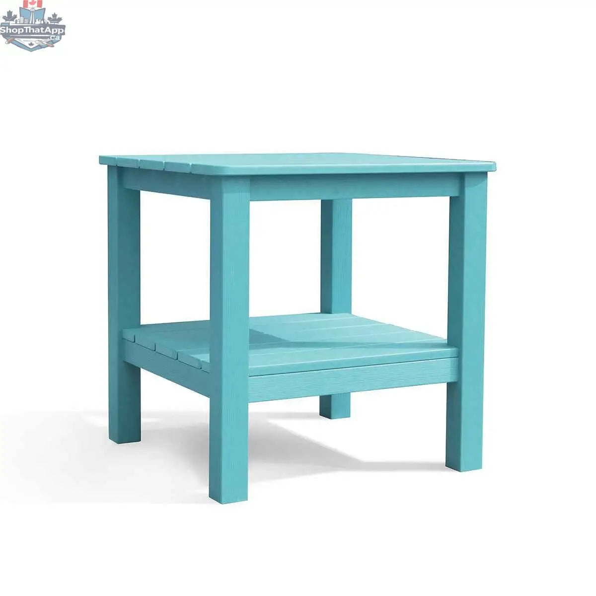 Krikacy polymer outdoor end table with wood grain finish and shelf, teal color, suitable for patio or garden spaces.