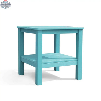 Krikacy polymer outdoor end table with wood grain finish and shelf, teal color, suitable for patio or garden spaces.