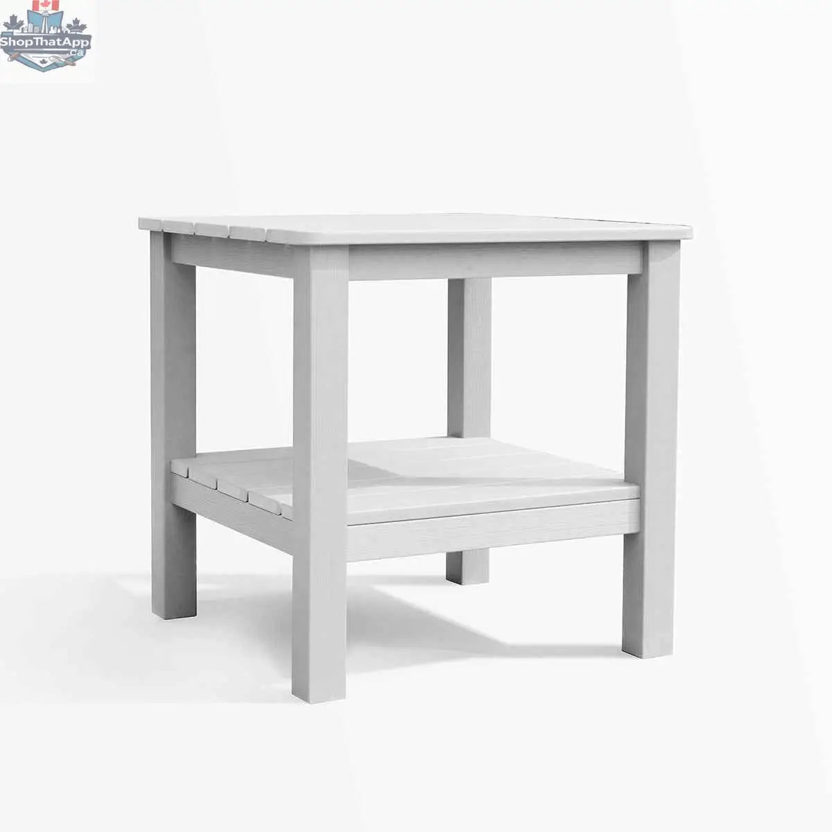 White polymer outdoor end table with shelf by Krikacy, featuring a sleek design and sturdy construction for outdoor use.