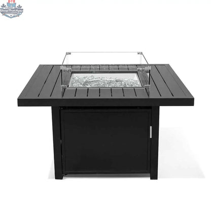 Krikacy 42-inch square aluminum outdoor fire pit table with slatted top for heating and stylish outdoor decor