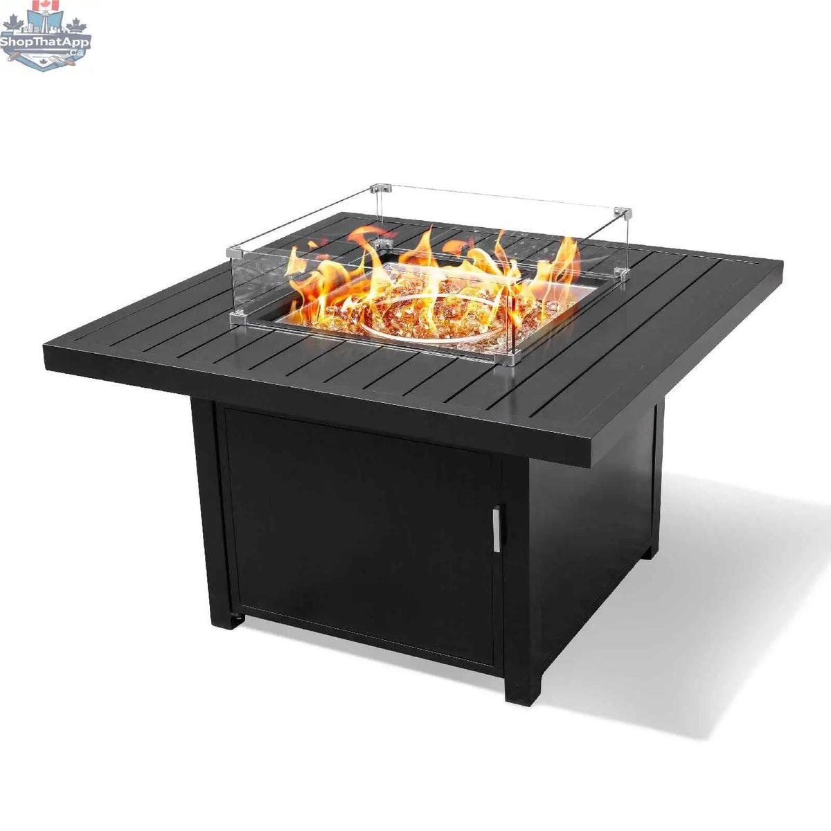 Krikacy 42-inch square aluminum propane fire pit table for outdoor heating with modern design and sturdy construction.