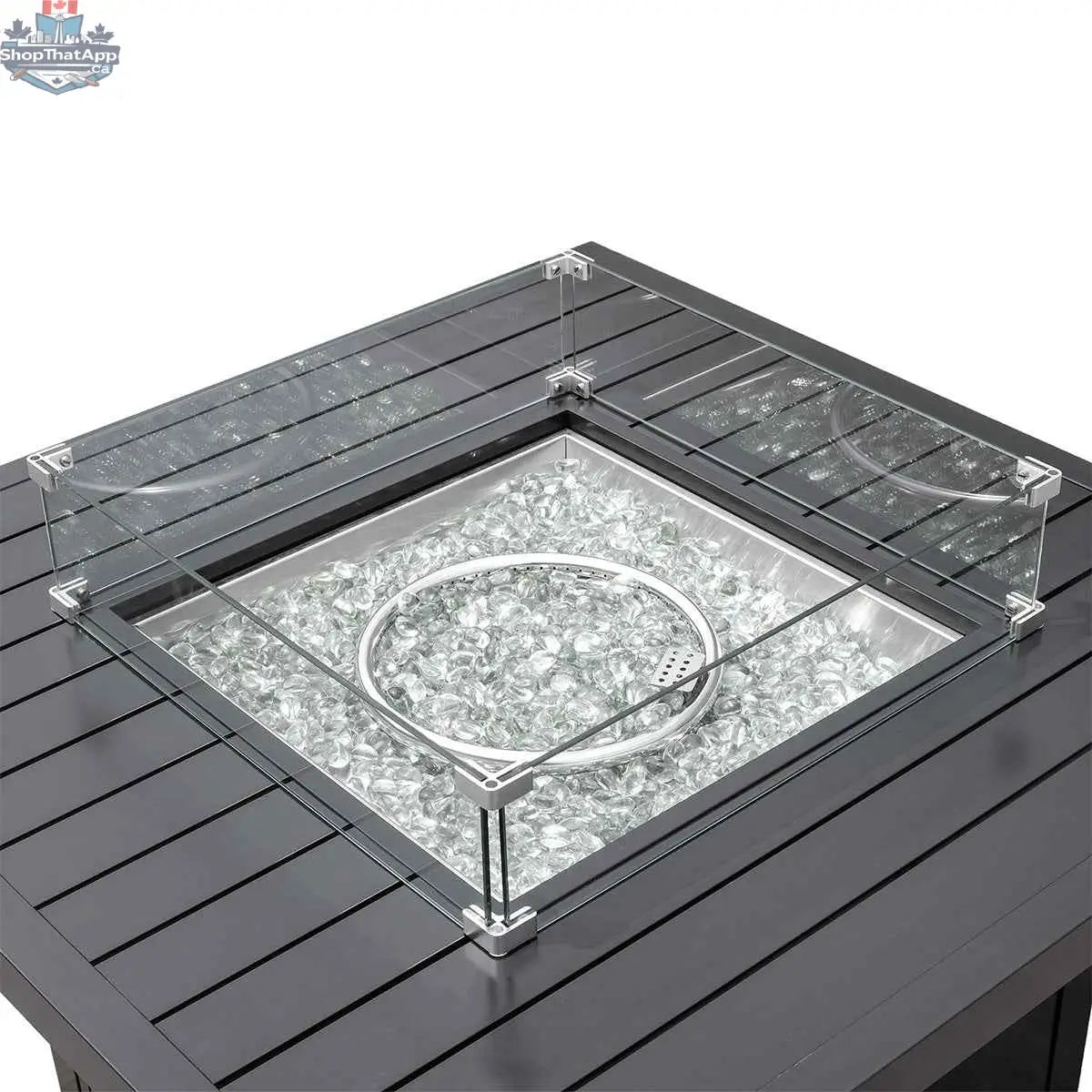 Square aluminum propane fire pit table by Krikacy, outdoor heating with slatted top, perfect for outdoor patio ambiance.