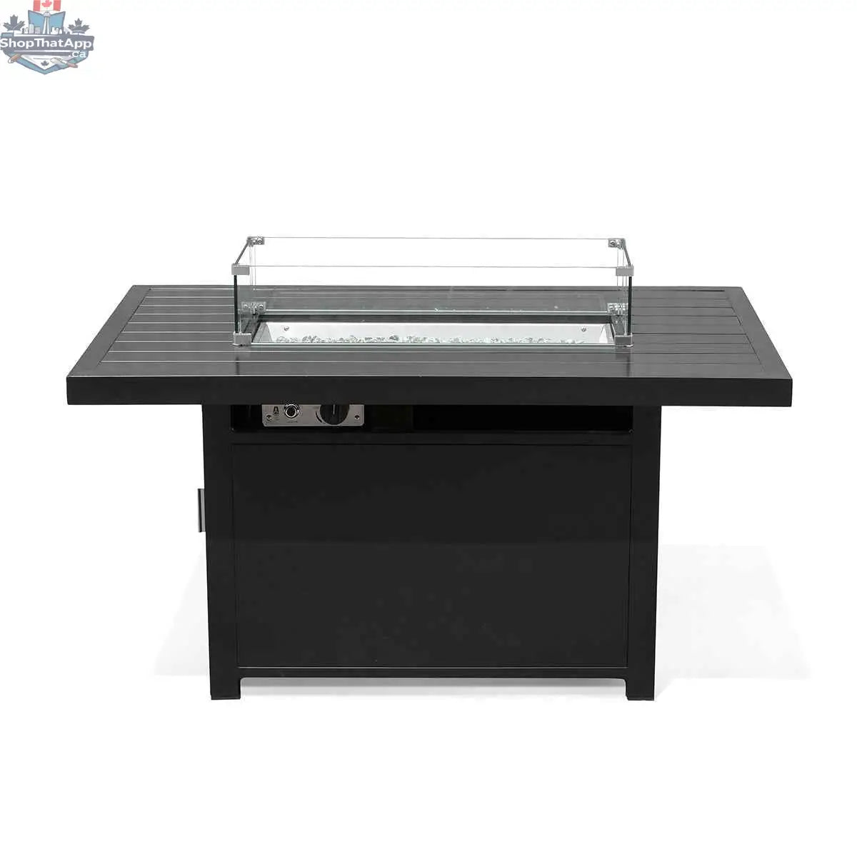 Krikacy 48-inch aluminum outdoor fire pit table with a rectangular design and slatted top for patio use.