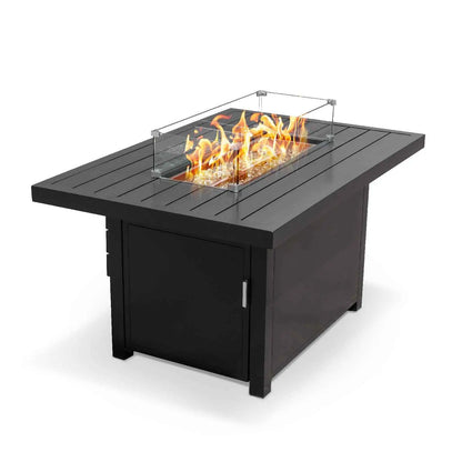 Krikacy 48-inch aluminum outdoor fire pit table with slatted rectangular top for patio gatherings and outdoor warmth.