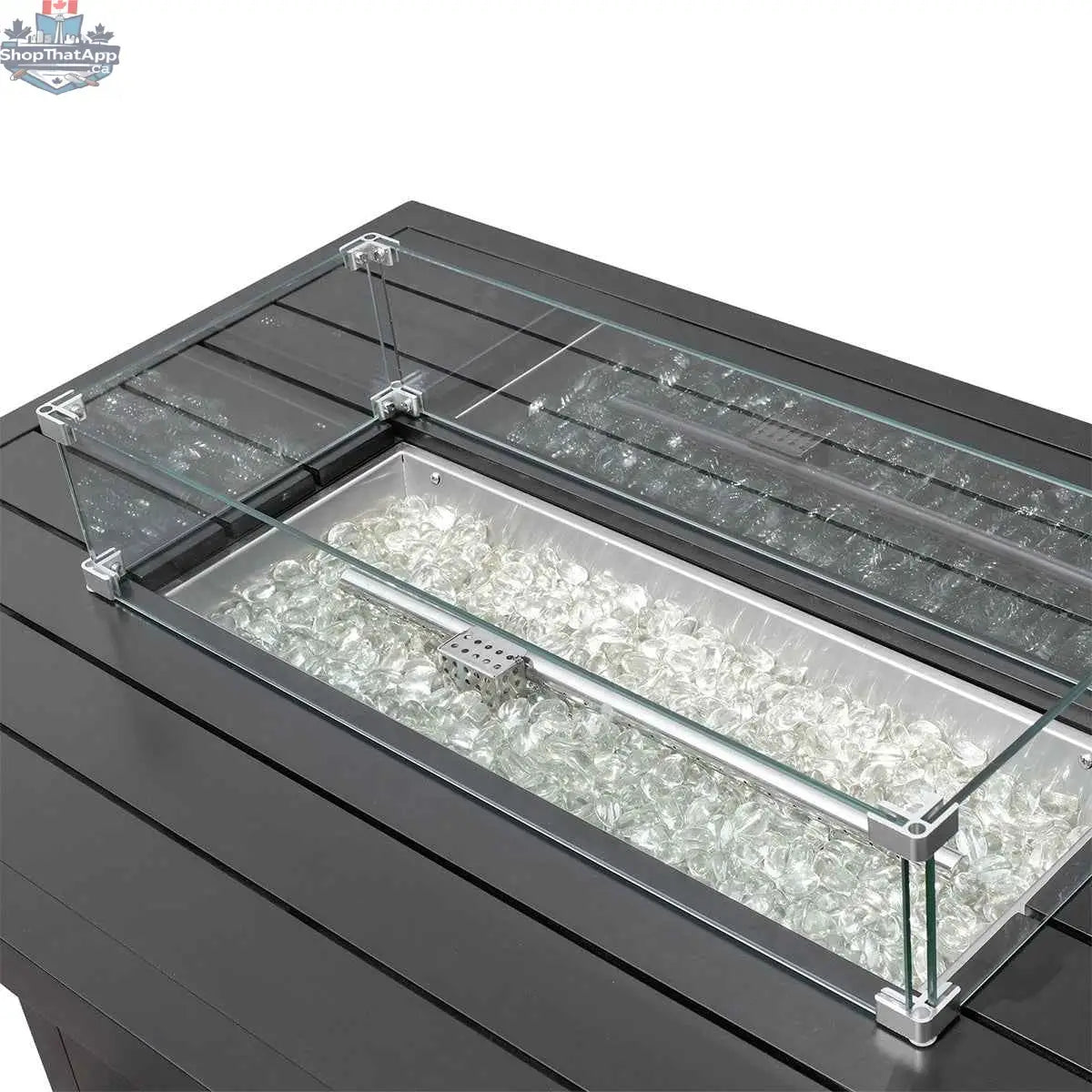 Krikacy 48-inch aluminum outdoor fire pit table with slatted top, rectangular design, perfect for patios and outdoor gatherings.