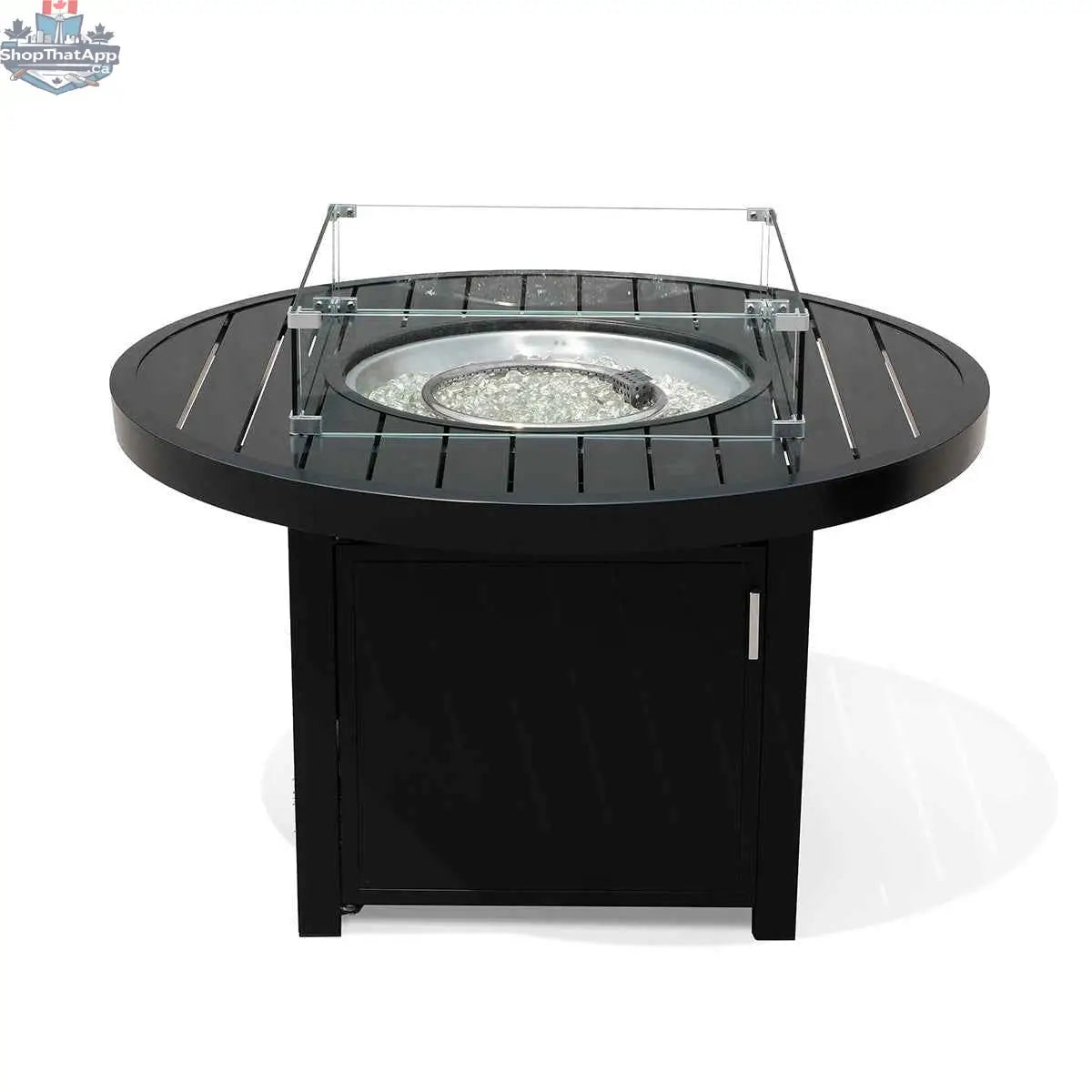 Round aluminum outdoor fire pit with slatted top, perfect for patio gatherings, by Krikacy.