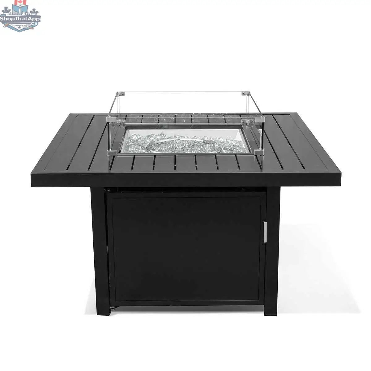 Krikacy 48-inch aluminum outdoor fire pit table with a rectangular design and slatted top, suitable for patio outdoor entertaining.