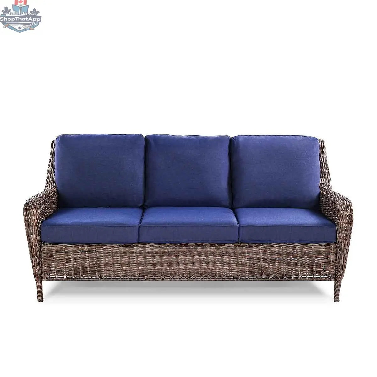 Krikacy Cambridge wicker outdoor loveseat sofa with brown wicker frame and indigo cushions, front view.