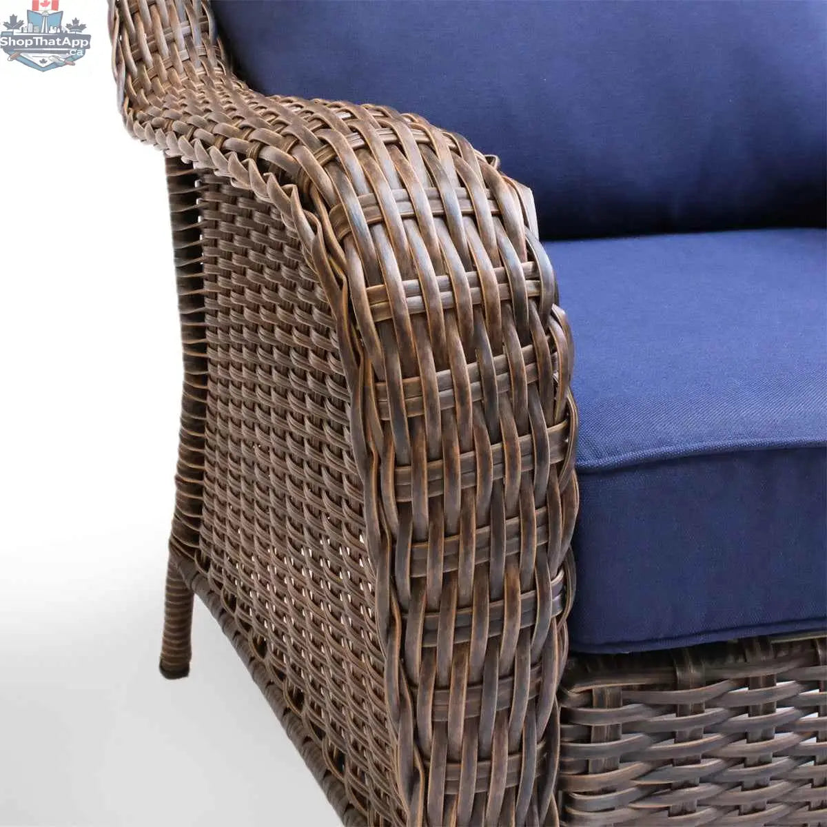 Krikacy Cambridge brown wicker outdoor loveseat with indigo cushions and a cozy, stylish design for outdoor lounging.