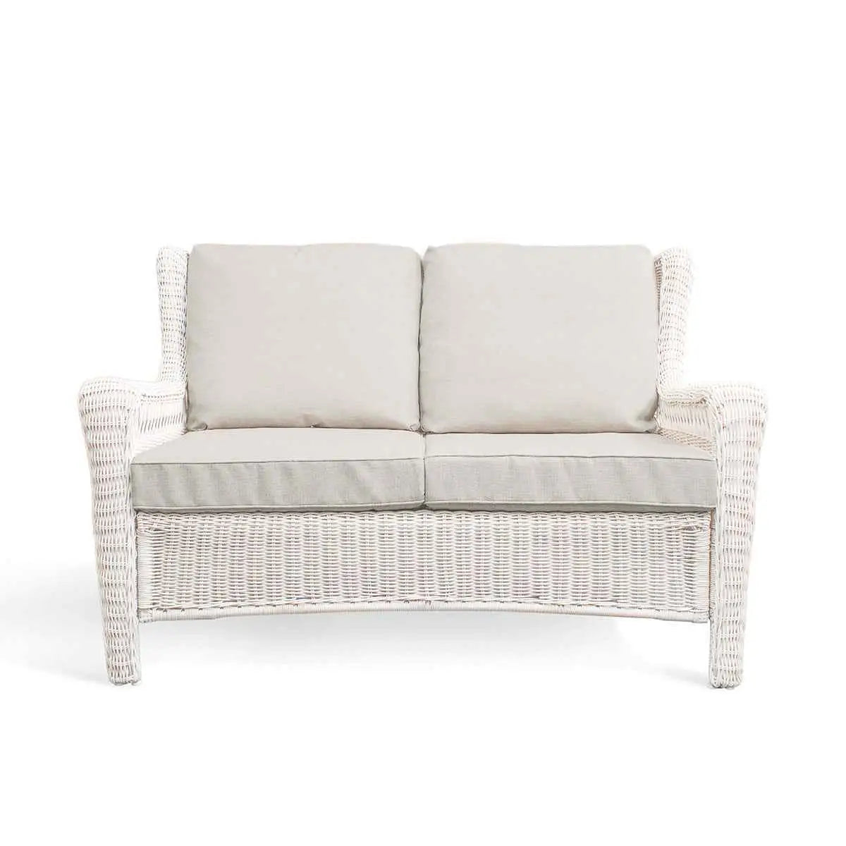 Krikacy Park Meadows white wicker loveseat for outdoor seating, featuring plush cushions and a stylish, durable design for outdoor comfort.