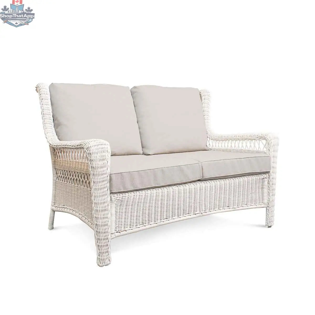 Krikacy Park Meadows white outdoor wicker loveseat with plush cushions, ideal for stylish outdoor seating and relaxation.
