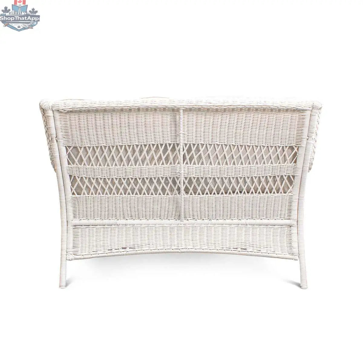 White wicker outdoor loveseat by Krikacy, with plush cushions and a stylish design for comfortable outdoor seating.