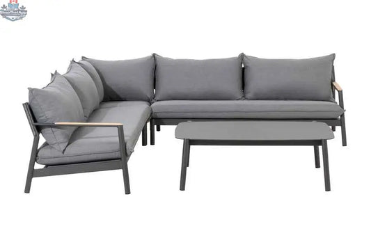 Krikacy Monti Nordic aluminum sectional set with grey cushions, featuring modern outdoor seating and sectional arrangement.