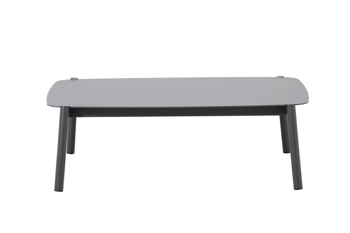 Krikacy Monti Nordic aluminum sectional set with grey cushions, featuring a coffee table in front, modern outdoor furniture design