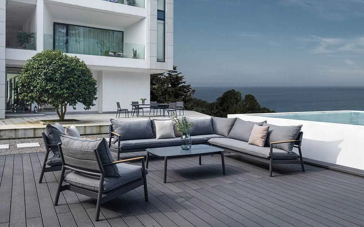 Kripacy Monti Nordic aluminum sectional set with grey cushions, modern outdoor furniture for stylish patio seating.