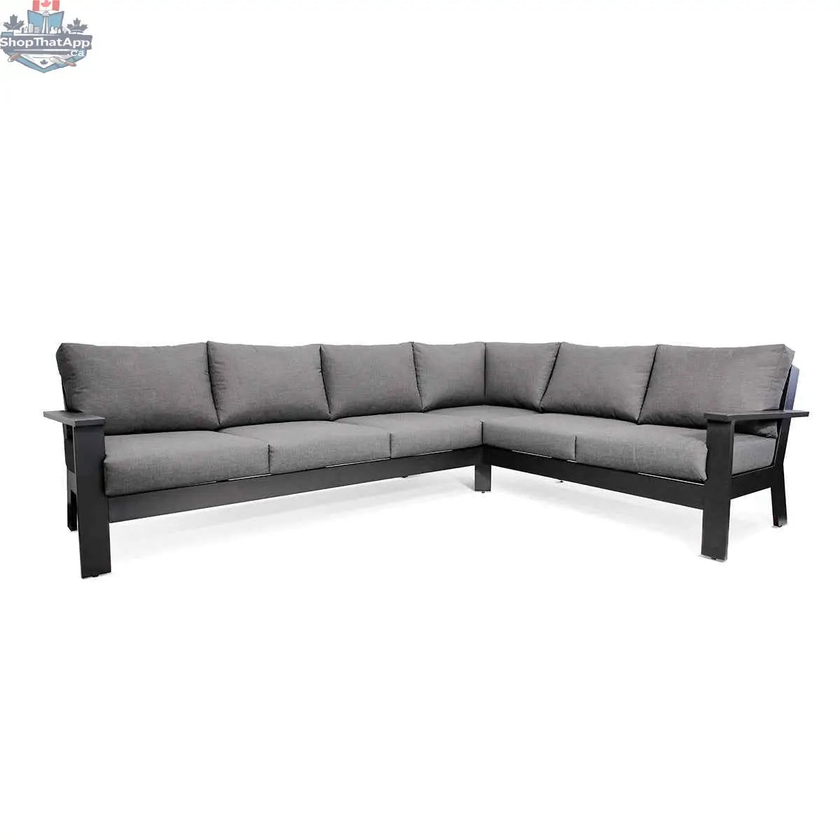 Magnolia black aluminum sectional sofa with Sunbrella® cast slate cushions, outdoor seating by Krikacy.