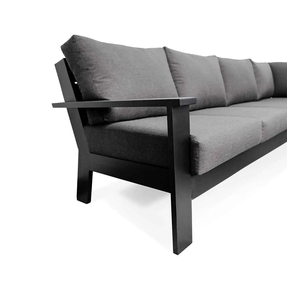 Magnolia black aluminum sectional sofa by Krikacy with Sunbrella cast slate cushions, outdoor lounge furniture, detailed view