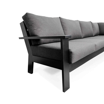 Magnolia black aluminum sectional sofa by Krikacy with Sunbrella cast slate cushions, outdoor lounge furniture, detailed view