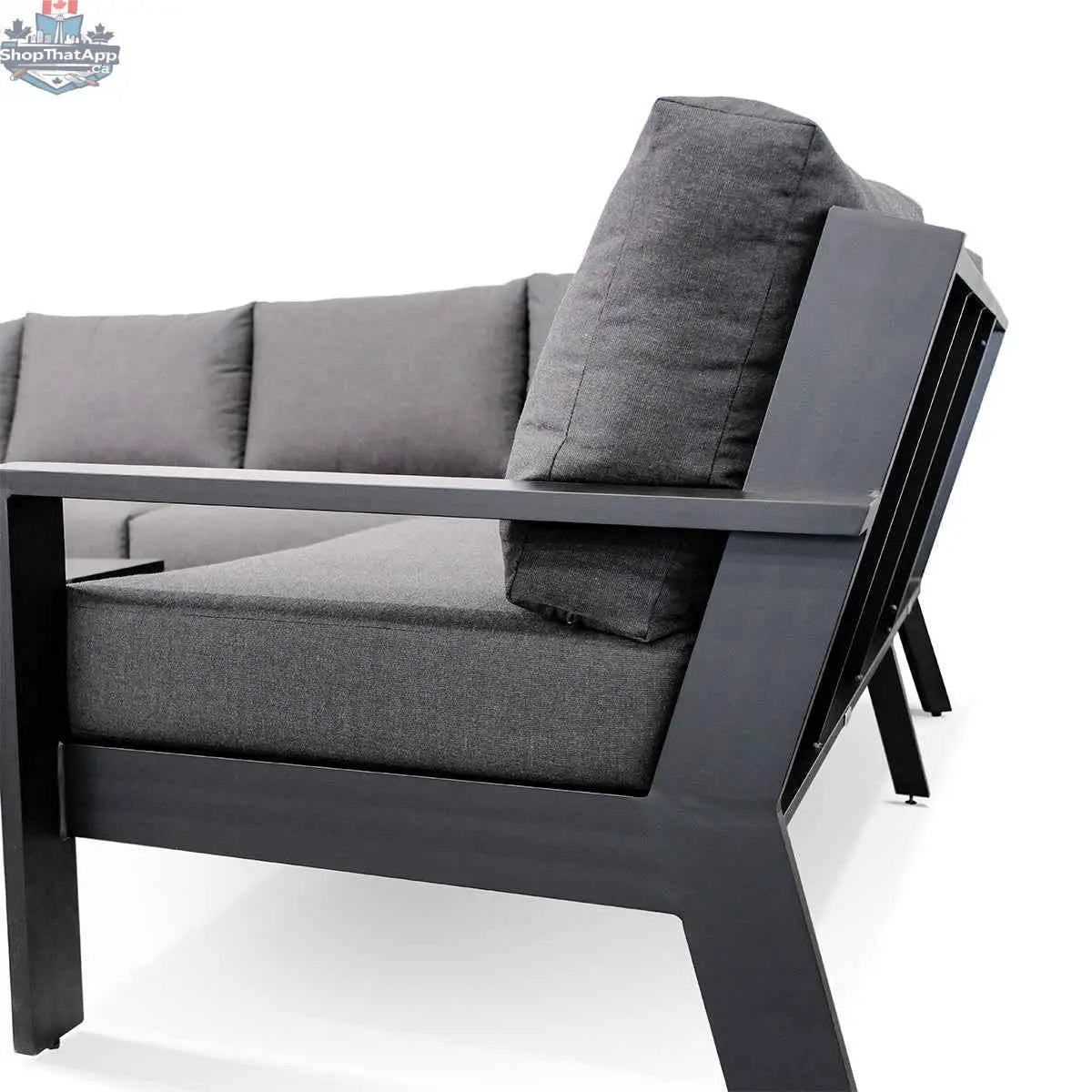 Magnolia black aluminum sectional sofa with Sunbrella® cast slate cushions and detailed frame, modern outdoor seating by Krikacy.