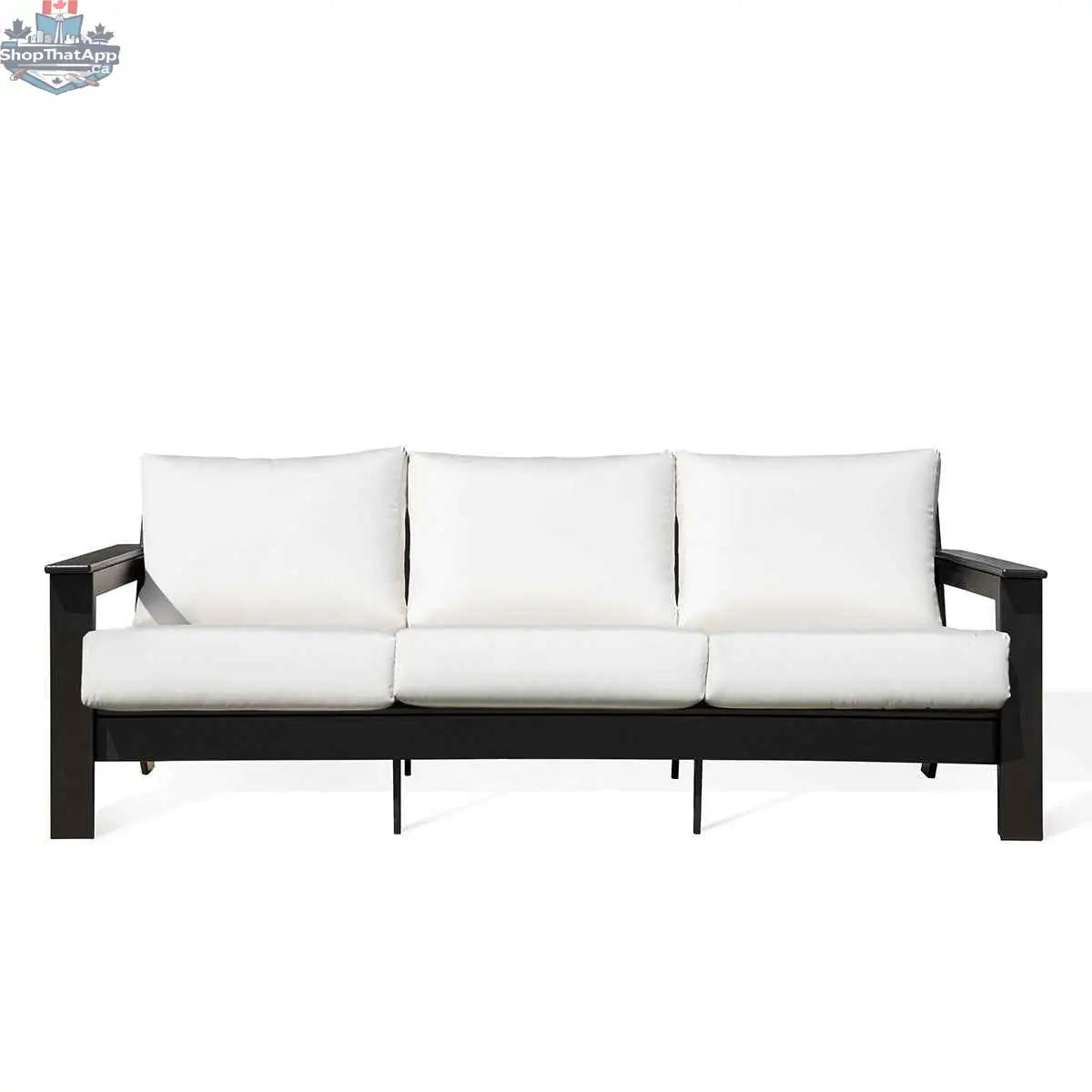 Krikacy Hickory outdoor sofa with black marine-grade polymer frame and white Sunbrella canvas cushions, ideal for outdoor comfort.