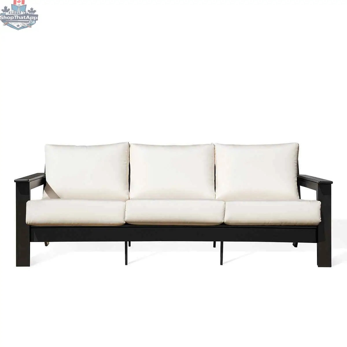 Krikacy Hickory outdoor sofa with black marine-grade polymer frame and Sunbrella canvas cushions, featuring bird's eye pattern.