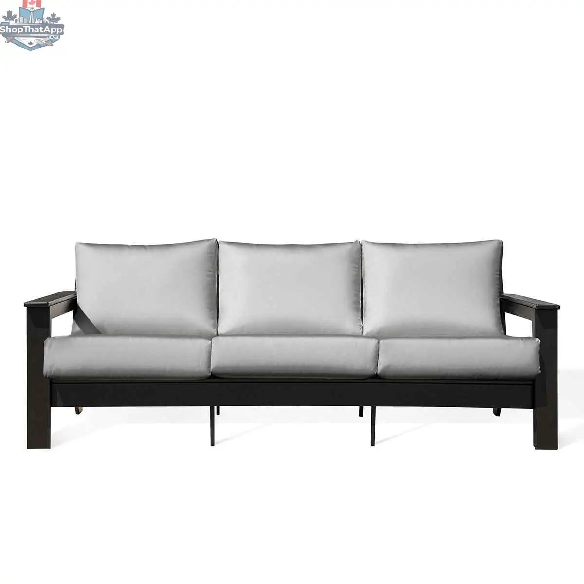 Krikacy Hickory outdoor sofa with black marine-grade polymer frame and Sunbrella® granite canvas cushions, suitable for outdoor seating.