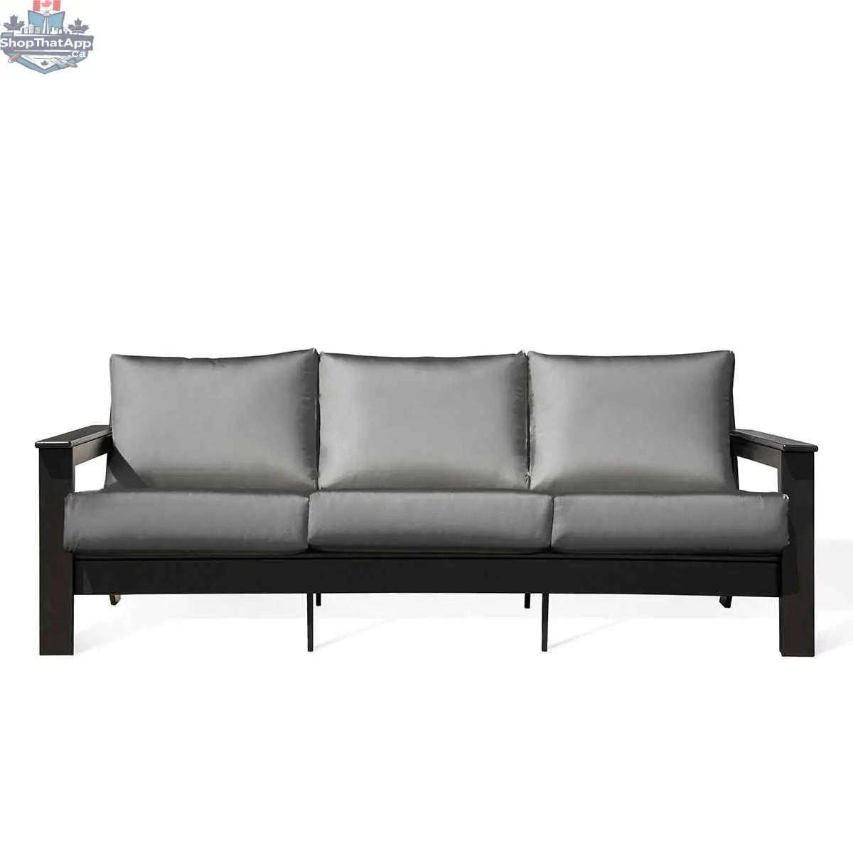 Krikacy Hickory outdoor sofa with black marine-grade polymer frame and Sunbrella® cast slate cushions for comfortable outdoor lounging