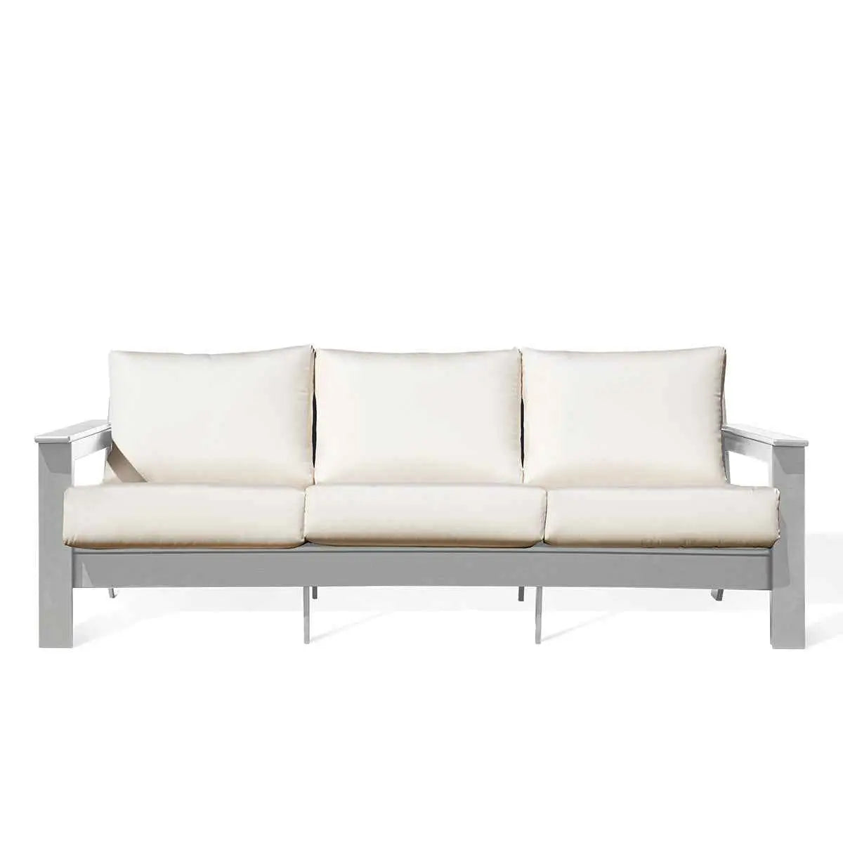 Krikacy Hickory outdoor sofa with white marine-grade polymer frame and Sunbrella bird's eye canvas cushions, perfect for outdoor relaxation.